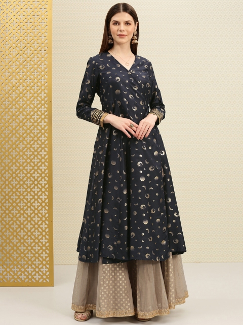 

House of Pataudi Women Navy Blue & Gold-Toned Foil Printed A-Line Angrakha Kurta
