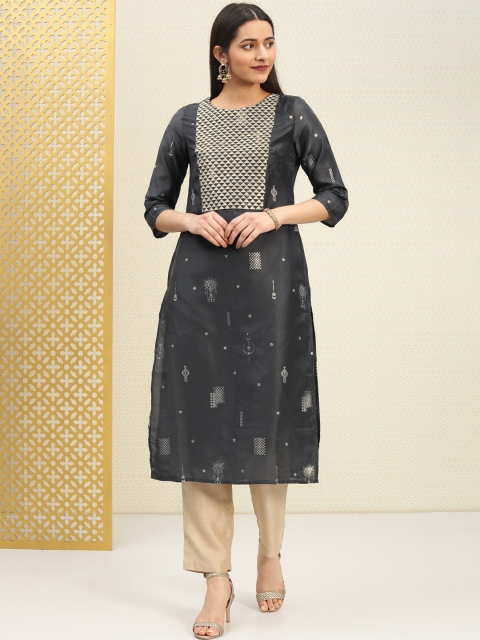 

House of Pataudi Women Charcoal Grey & Gold-Toned Printed Straight Kurta