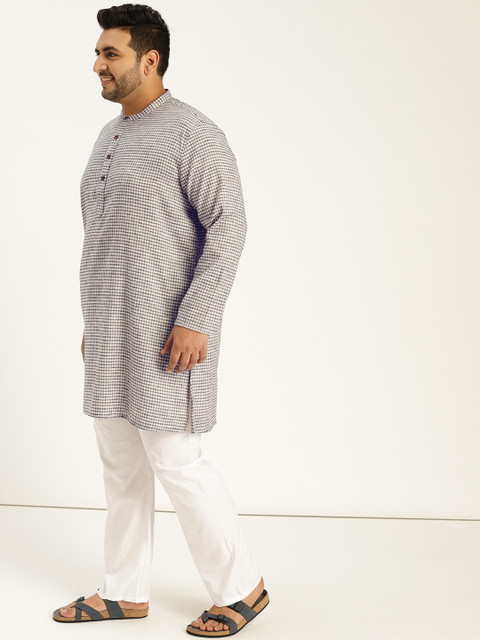 

Sztori Plus Size Men Off-White Navy Blue Checked Straight Kurta