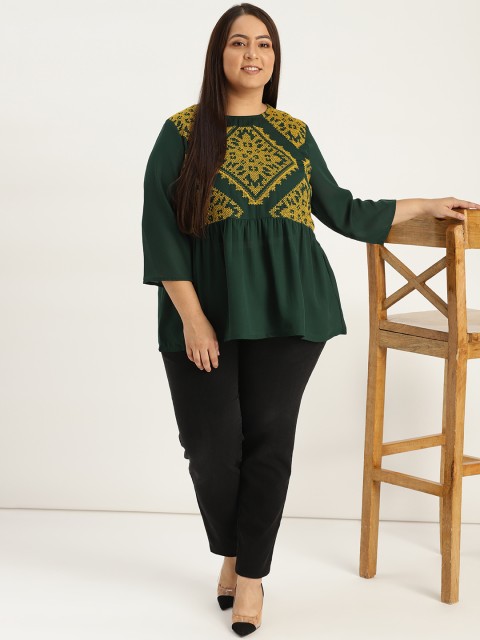 

Sztori Plus Size Women Green Embroidered A-Line Top