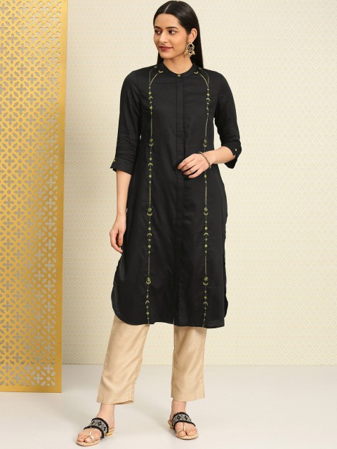 

House of Pataudi Women Black Embroidered Straight Kurta