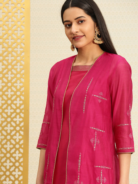 

House of Pataudi Women Magenta Pink Embroidered Straight Layered Kurta