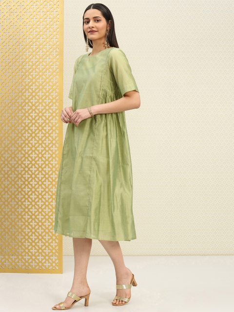 

House of Pataudi Women Green Solid A-Line Semi-Sheer Midi Dress