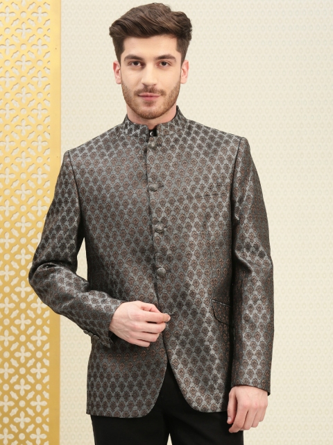 

House of Pataudi Men Grey & Brown Self Design Ethnic Bandhgala