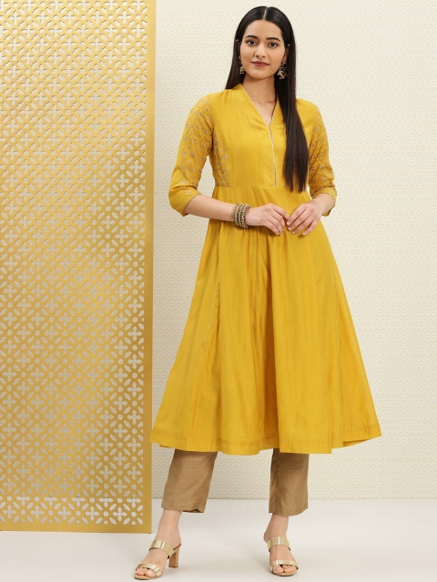 

House of Pataudi Women Mustard Yellow Embroidered A-Line Kurta