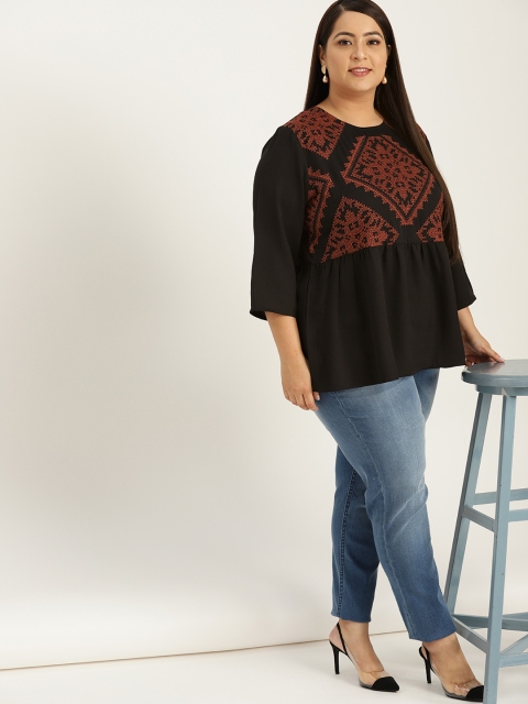 

Sztori Plus Size Women Black Rust Orange Embroidered A-Line Top