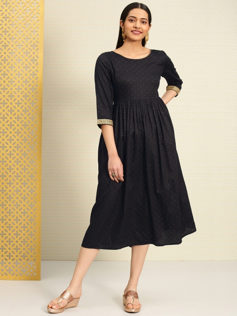

House of Pataudi Women Black & Golden Printed A-Line Dress