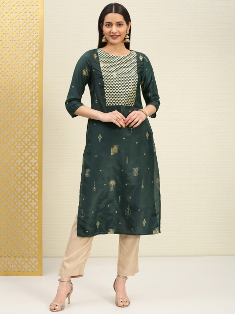 

House of Pataudi Women Green & Gold-Toned Printed Straight Kurta