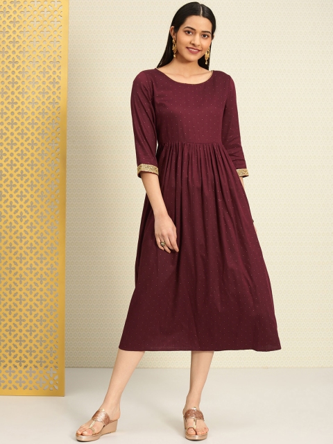 

House of Pataudi Women Burgundy & Golden Printed A-Line Dress