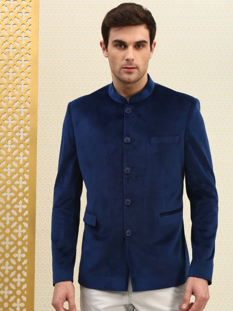 

House of Pataudi Men Navy Blue Solid Regular Fit Velvet Bandhgala Party Blazer
