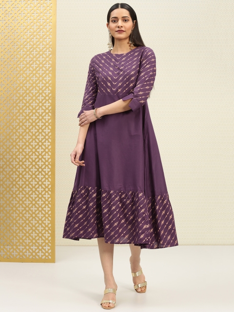 

House of Pataudi Women Purple & Golden Printed A-Line Dress