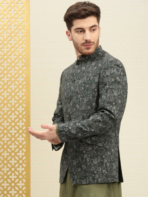 

House of Pataudi Men Green Printed Ethnic Bandhgala