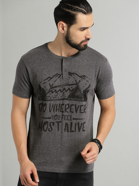 

The Roadster Lifestyle Co Men Charcoal Grey Printed Henley Neck T-shirt