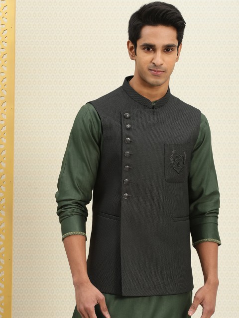 

House of Pataudi Men Charcoal Grey Embroidered Nehru Jacket