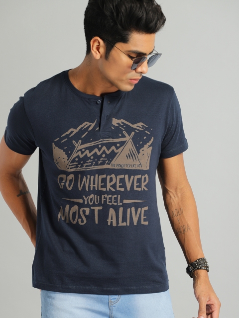 

Roadster Men Navy Blue Printed Henley Neck Pure Cotton T-shirt
