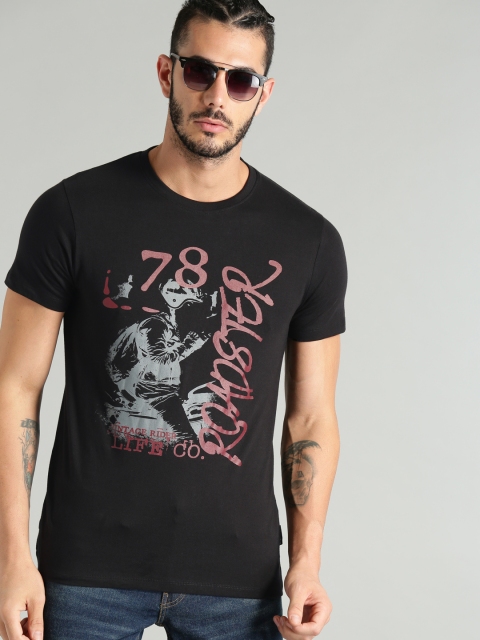 

The Roadster Lifestyle Co Men Black Printed Round Neck Pure Cotton T-shirt