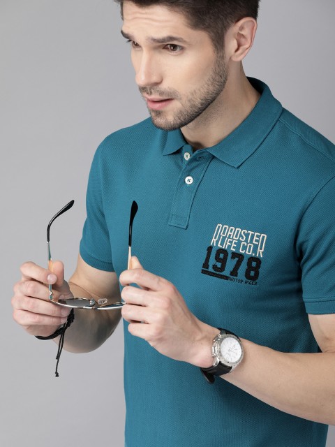 

Roadster Men Teal Blue Solid Polo Collar T-shirt With Embroidered Detailing