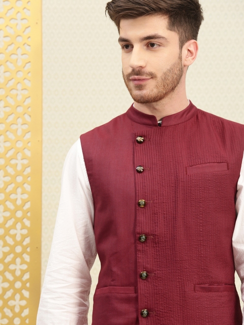 

House of Pataudi Men Maroon Solid Nehru Jacket