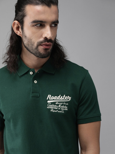 

The Roadster Lifestyle Co Men Green Solid Polo Collar Pure Cotton T-shirt