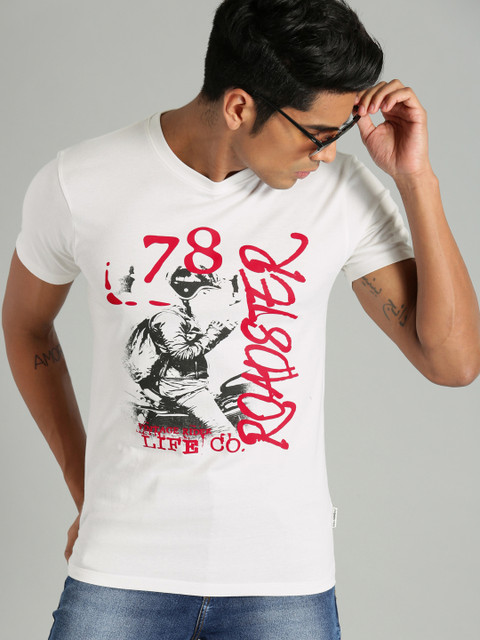

Roadster Men White Printed Round Neck T-shirt