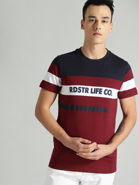 

Roadster Men Maroon & Navy Striped Round Neck T-shirt