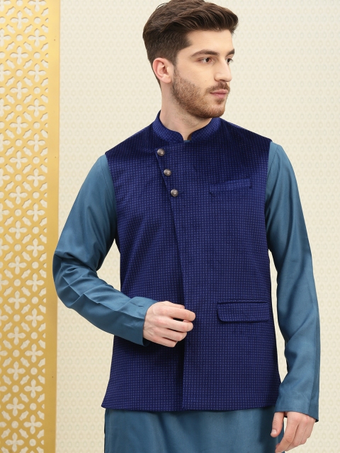 

House of Pataudi Men Navy Blue Printed Nehru Jacket