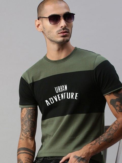 

Roadster Men Olive Green & Black Colourblocked T-shirt
