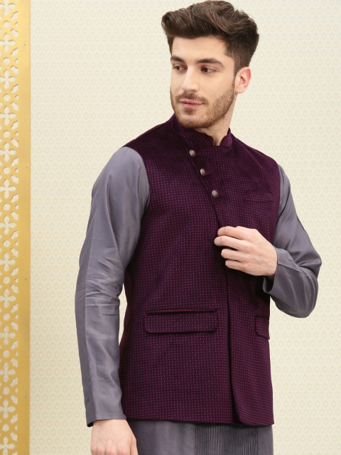 

House of Pataudi Men Navy Blue & Pink Printed Nehru Jacket