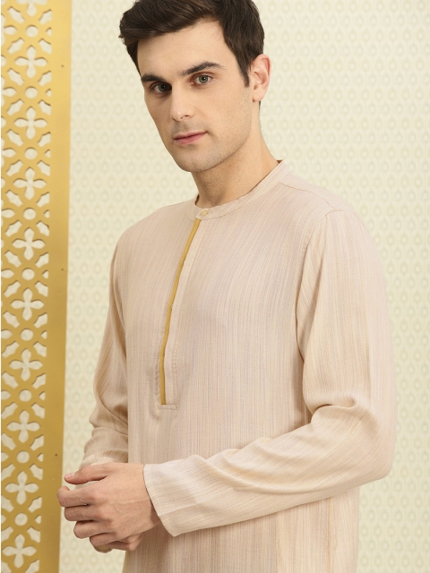 

House of Pataudi Men Beige Self-Design Straight Kurta