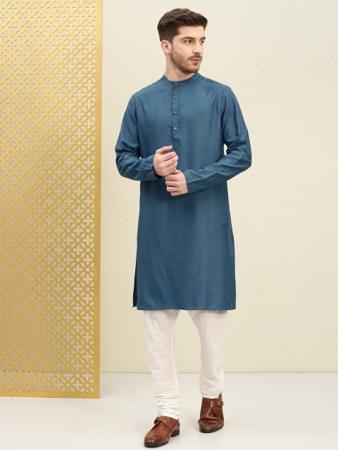 

House of Pataudi Men Navy Blue Solid Straight Kurta