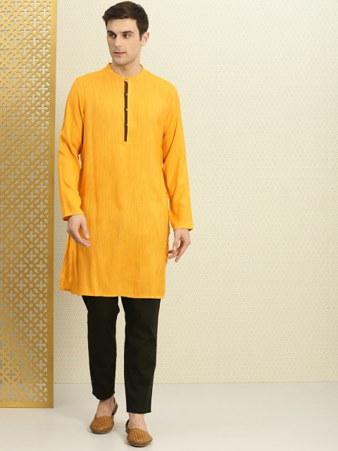 

House of Pataudi Men Yellow Solid Self-Design Straight Kurta