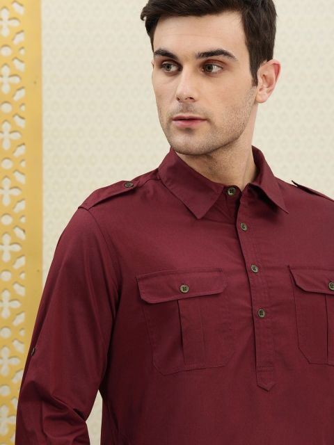 

House of Pataudi Men Maroon Solid Pathani Kurta
