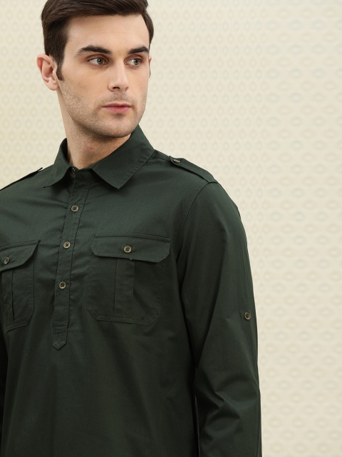 

House of Pataudi Men Olive Green Solid Pathani Kurta
