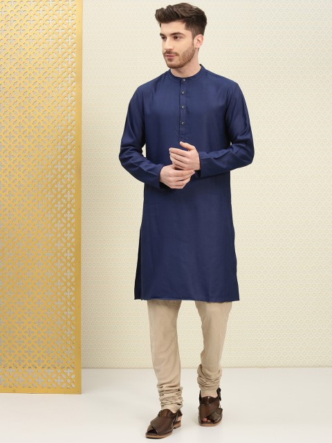 

House of Pataudi Men Navy Blue Solid Straight Kurta