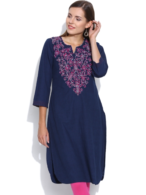 

BIBA Women Navy Blue Yoke Design Denim Straight Kurta