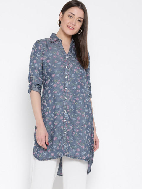 

BIBA OUTLET Blue Floral Print Denim Kurta