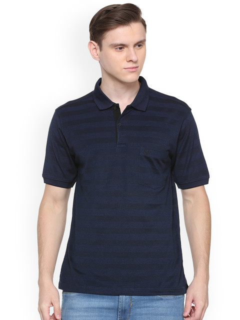 

Allen Solly Men Navy Blue Striped Polo Collar T-shirt