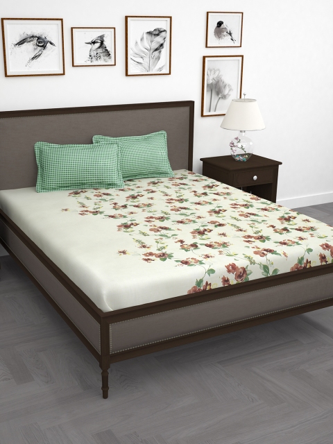 

Story@home Cream-Coloured Floral 186 TC Cotton 1 King Bedsheet with 2 Pillow Covers