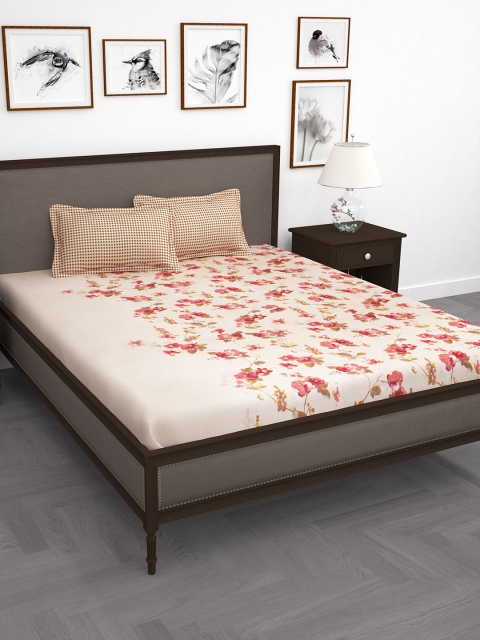 

Story@home Beige & Pink Floral 186 TC Cotton 1 King Bedsheet with 2 Pillow Covers