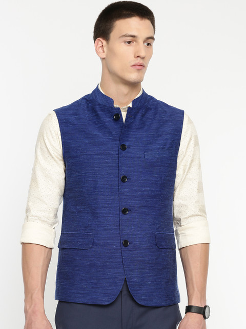 

Louis Philippe Men Blue Self Design Nehru Jacket, Navy blue