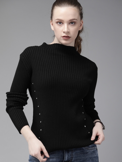 

Roadster Women Black Solid Embellished Sweater