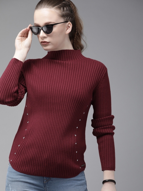 

Roadster Women Burgundy Solid Embellished Sweater