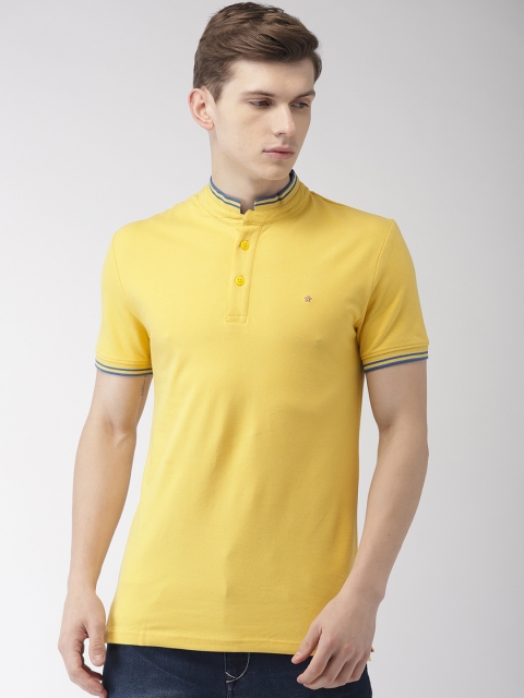 

Celio Men Yellow Solid Stylish Mandarin Collar T-shirt