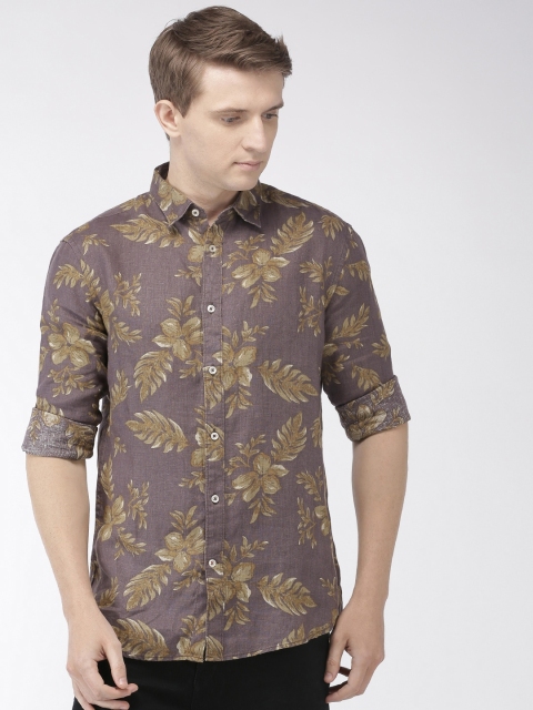 

Celio Men Burgundy & Beige Slim Fit Printed Casual Pure Linen Shirt