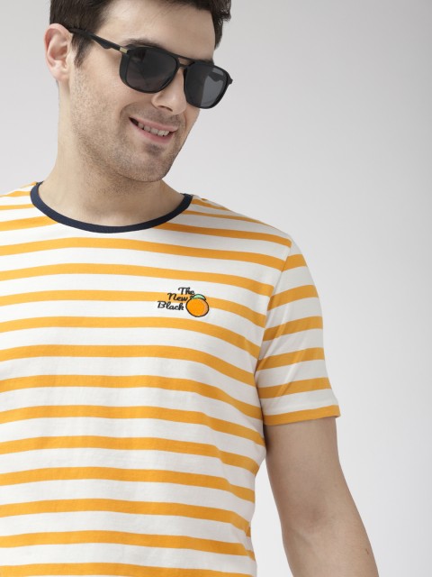 

Mast & Harbour Men White & Mustard Yellow Striped Round Neck T-shirt