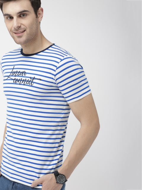 

Mast & Harbour Men White & Blue Striped Round Neck T-shirt