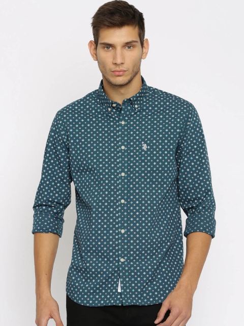 

U.S. Polo Assn. Men Teal Blue Slim Fit Printed Casual Shirt