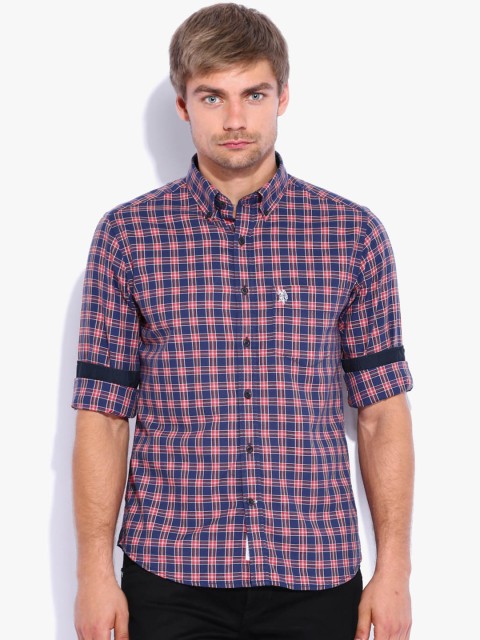 

U.S. Polo Assn. Men Navy Blue & Red Tailored Fit Checked Casual Shirt