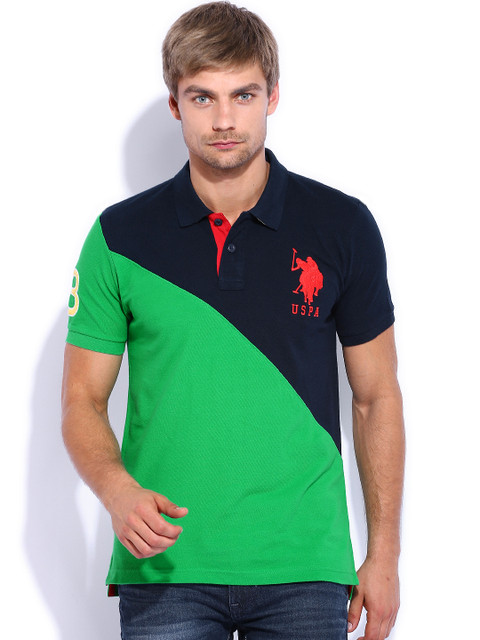 

U.S. Polo Assn. Green & Navy Blue Colourblocked Polo T-shirt