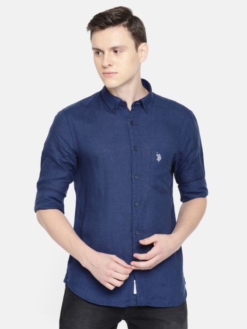 

U.S. Polo Assn. Men Navy Blue Tailored Fit Linen Solid Casual Shirt